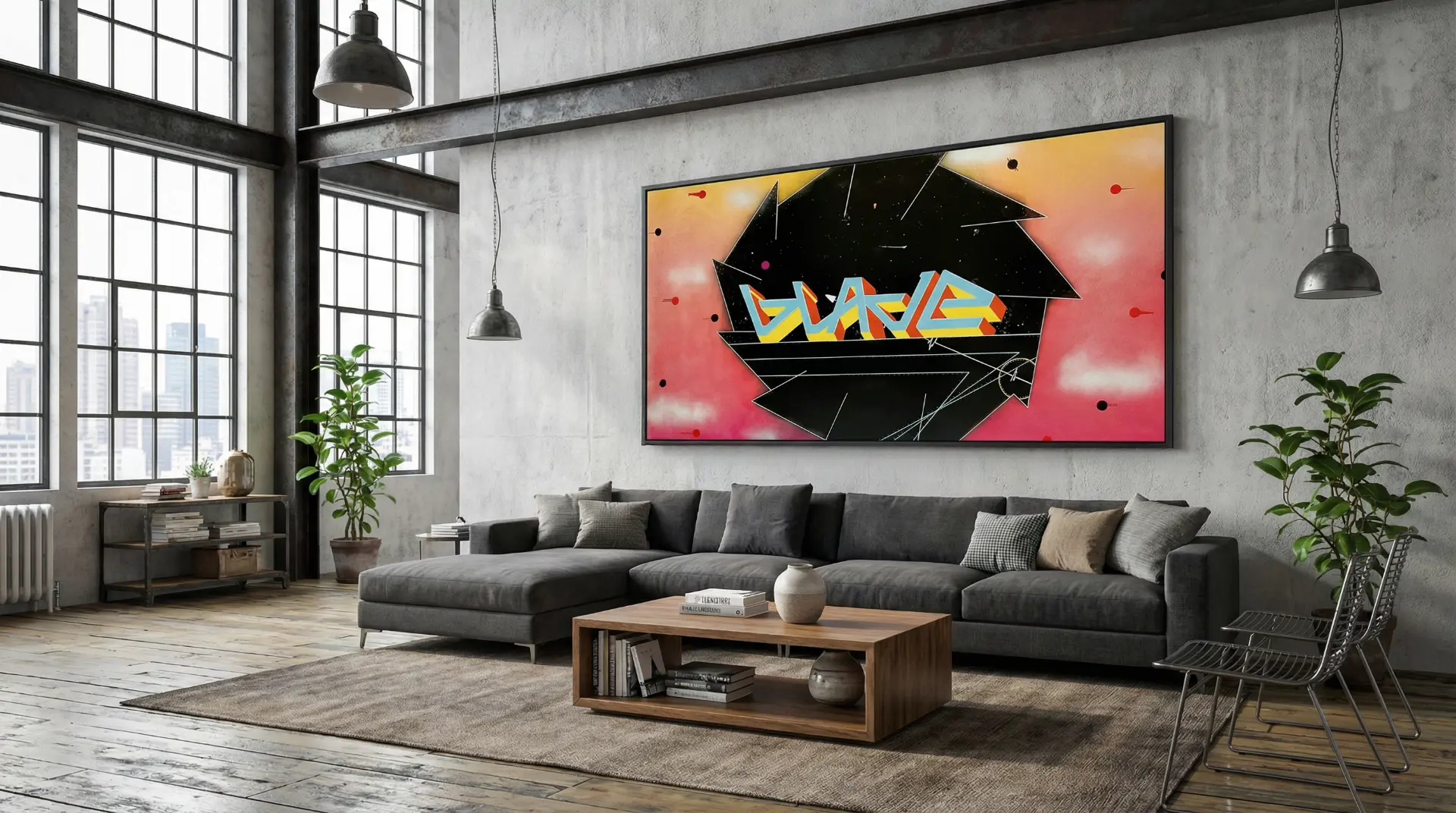 Blade Shutter piece framed above a sofa in a concrete loft