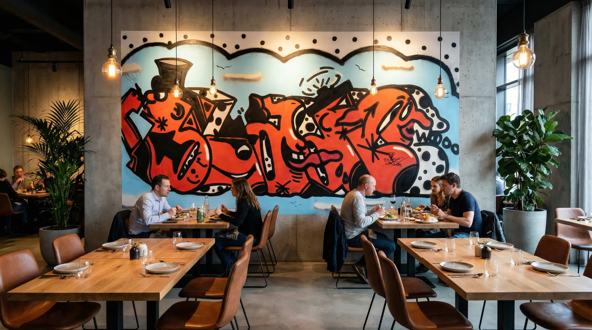 Blade's 'A-train Crazy Faces' mural spanning a restaurant wall