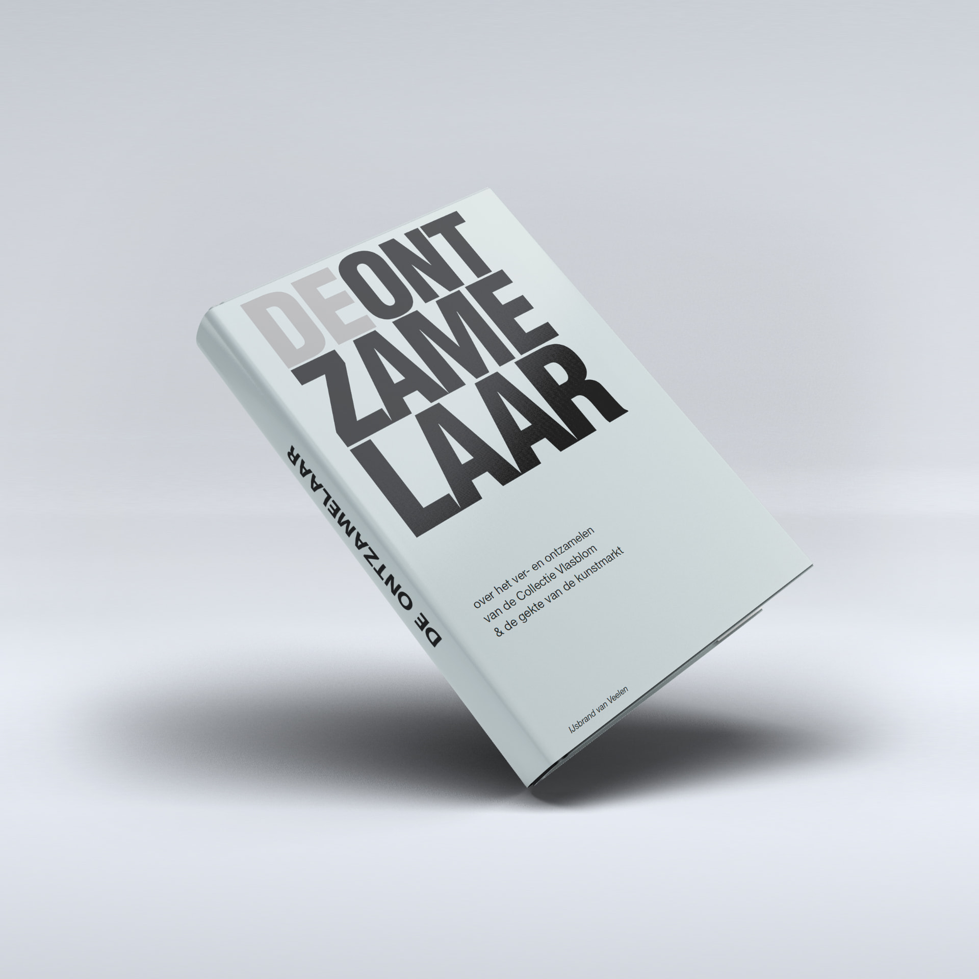 Book mock-up of De ontzamelaar by IJsbrand van Veelen on a yellow background