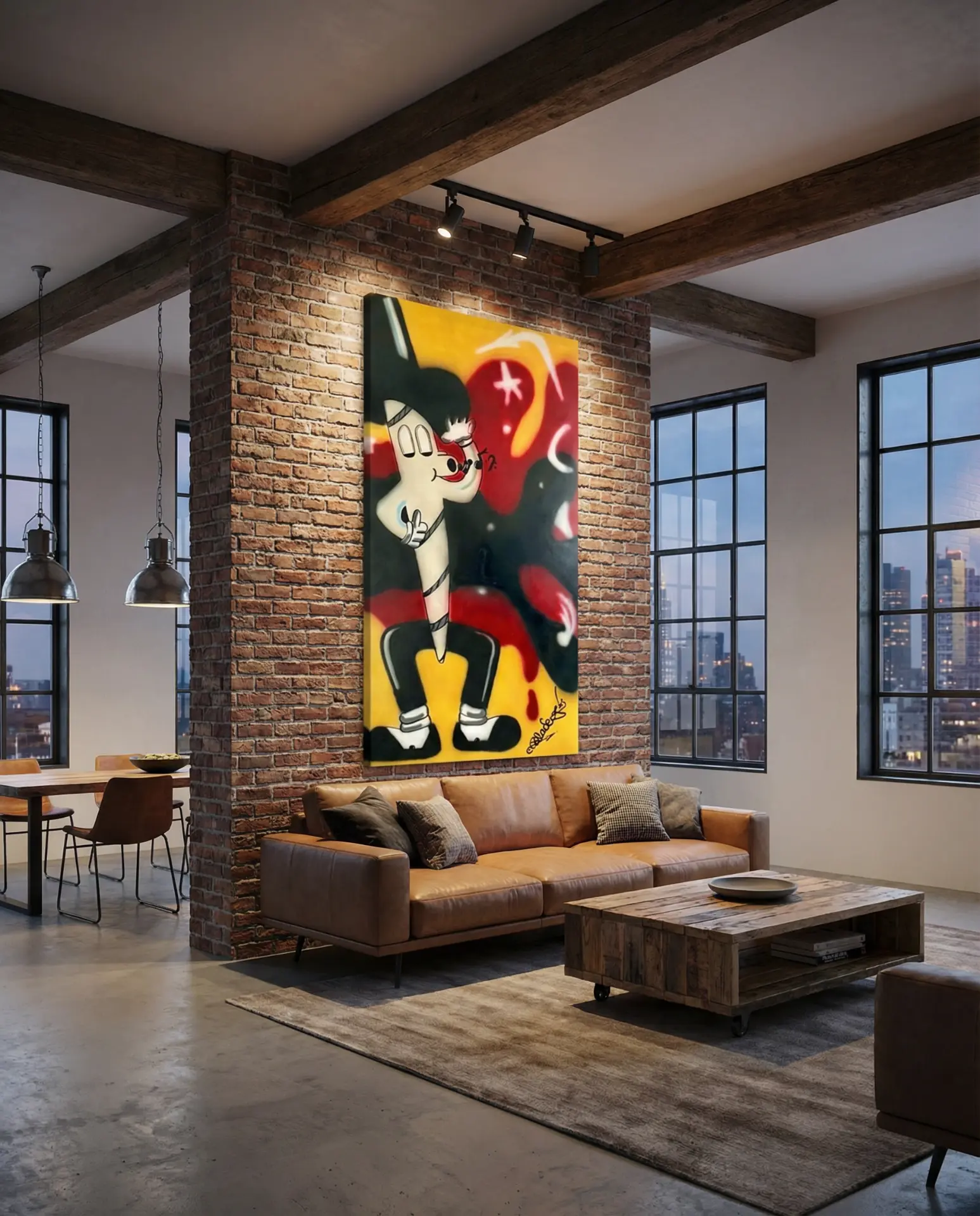 Blade's Jointman canvas hanging on a brick wall in a loft interior
