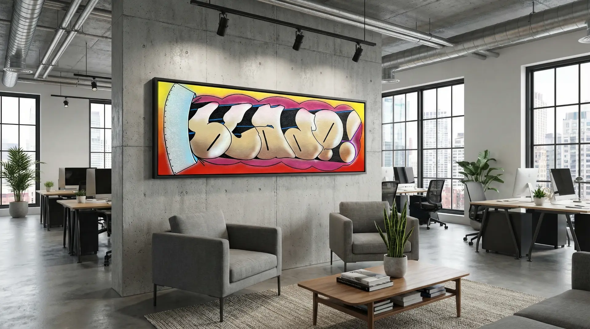 Blade's 'Shoot the Tube' panoramic canvas in a minimalist office