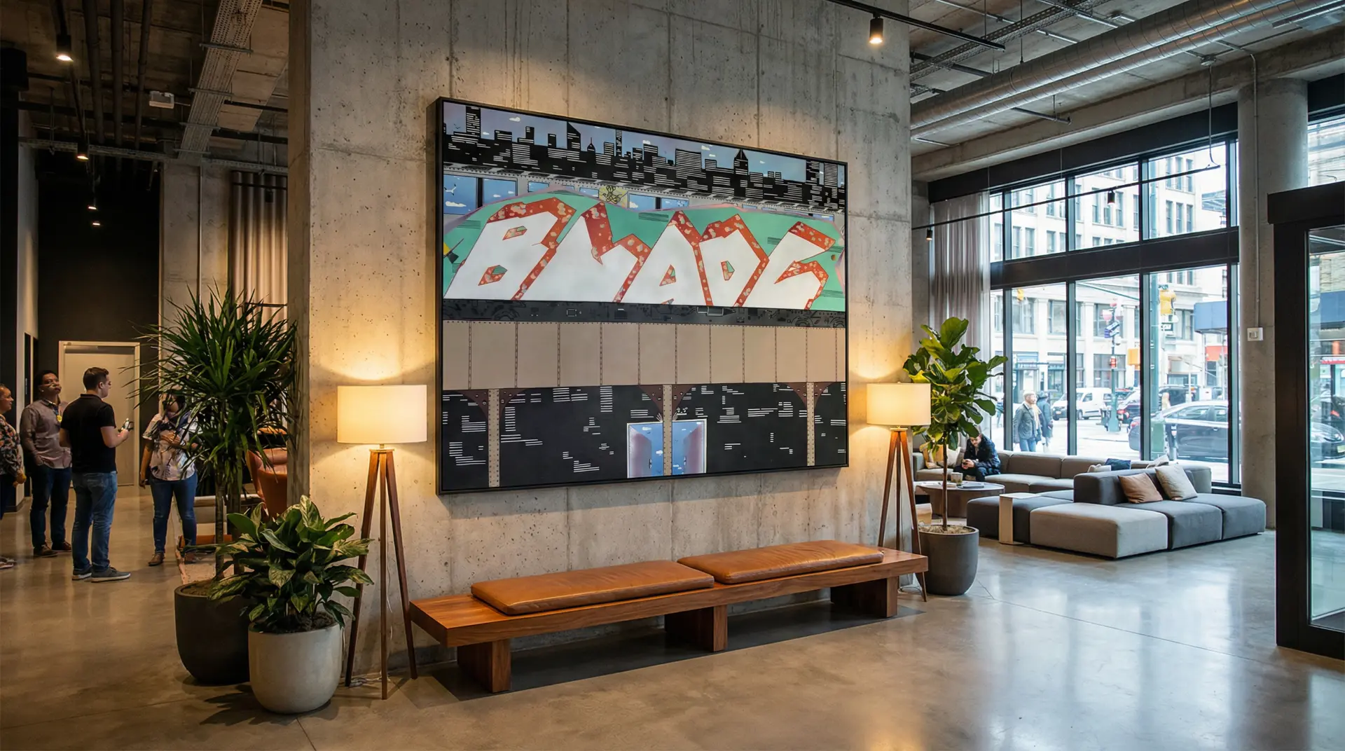 Blade's 'New York Express' subway canvas in a building lobby