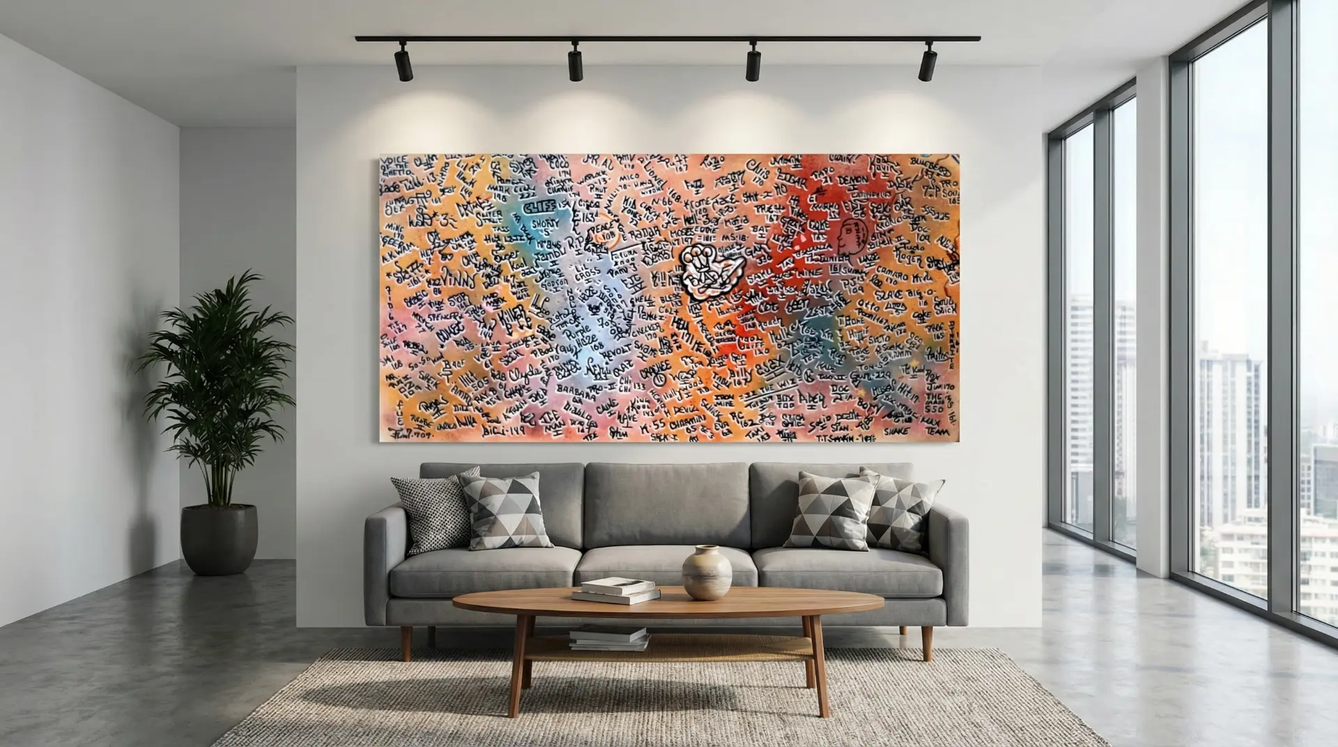 Blade's 'Names from 1970-1980' canvas above a grey sofa