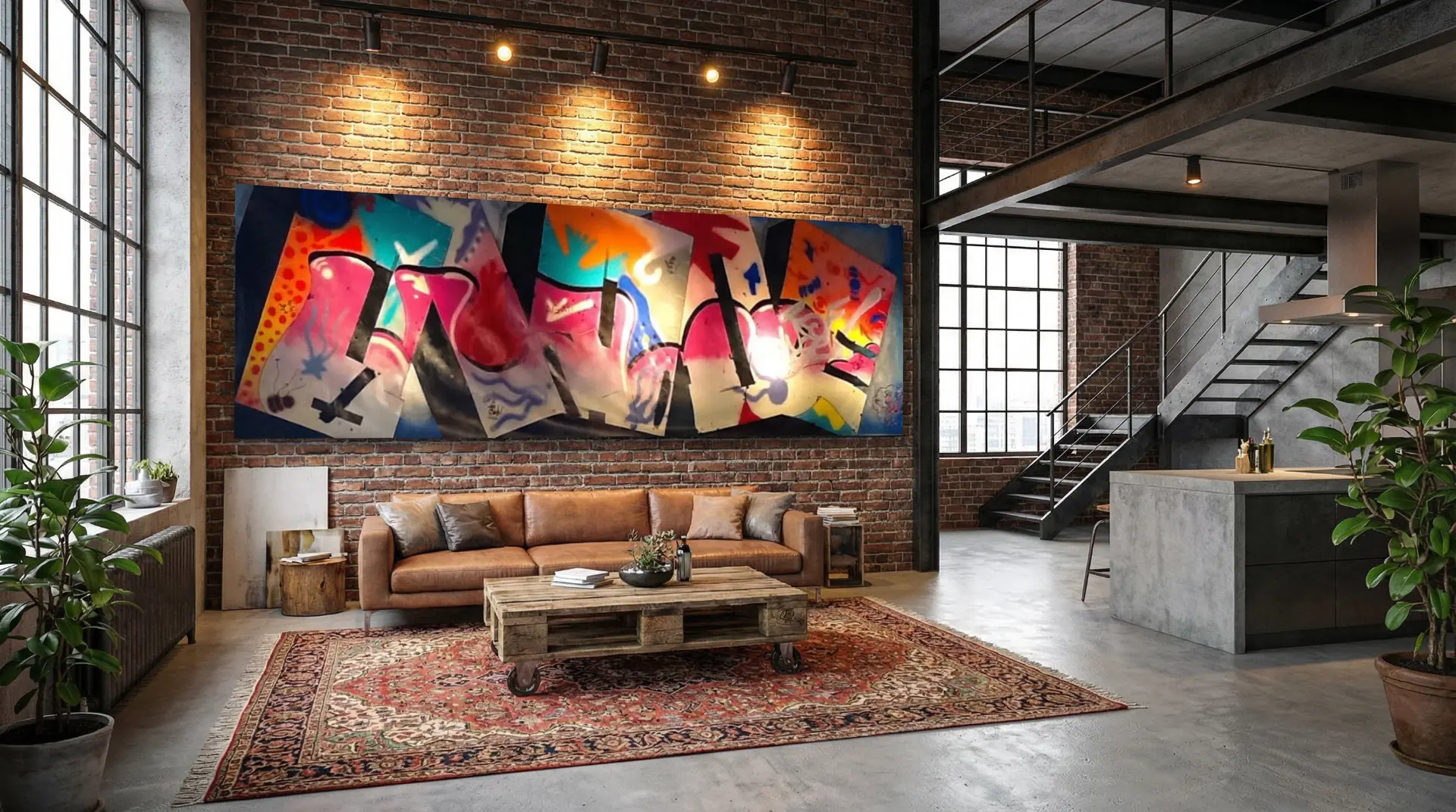 Blade's 'Feeling Funky' canvas in a brick-walled living room