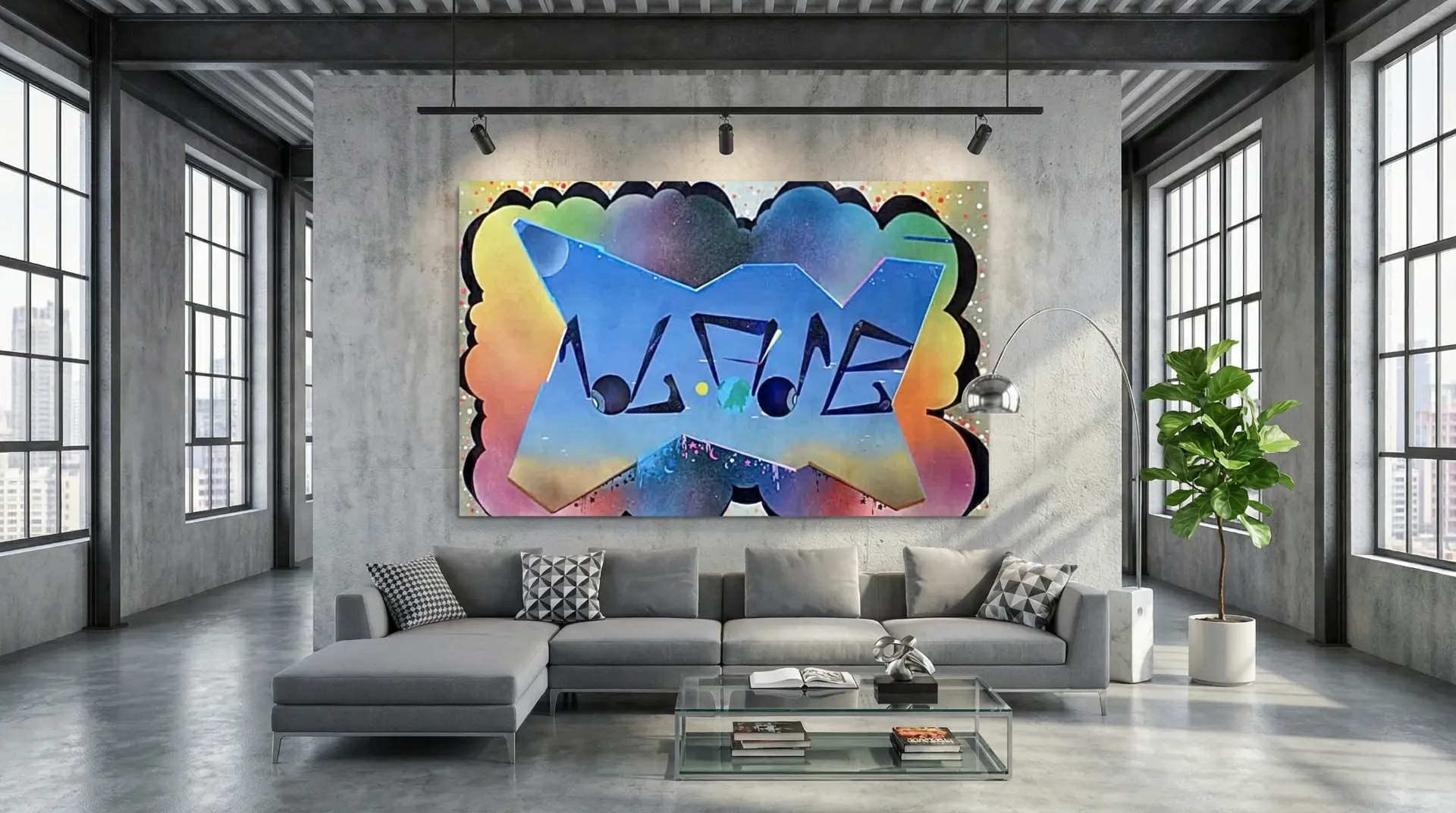 Blade's 'Music of the Galaxy' canvas in a bright industrial living room